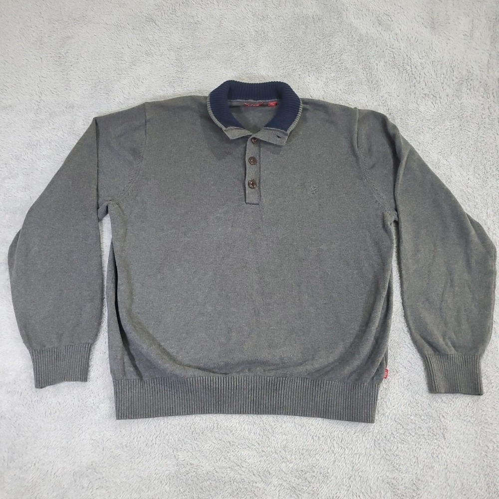 IZOD Mens XL Gray Quarter Button Mock Neck Sweater Navy Trim Preppy Grandpacore - Picture 1 of 14